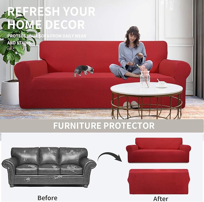 Easy-Going Stretch Oversized Loveseat Couch Covers Washable Christmas Red | 1-Piece Large Loveseat Cover for 2 Cushion Couch Furniture Protector RV Sofa Slipcover Soft with Bottom for Kids Pets - Image 4