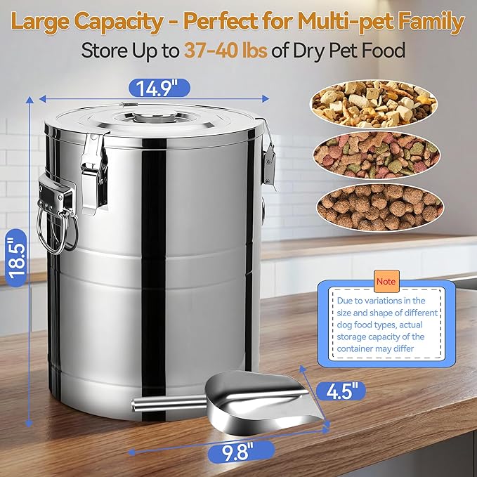 Newget 40 Lbs Stainless Steel Dog Food Storage Container, Large Airtight Pet Food Storage Bin with Lid to Keep Fresh, Metal Container with Scoop for Dog, Cat, Bird Seed, Rice, Grain & Kitchen Pantry - Image 2