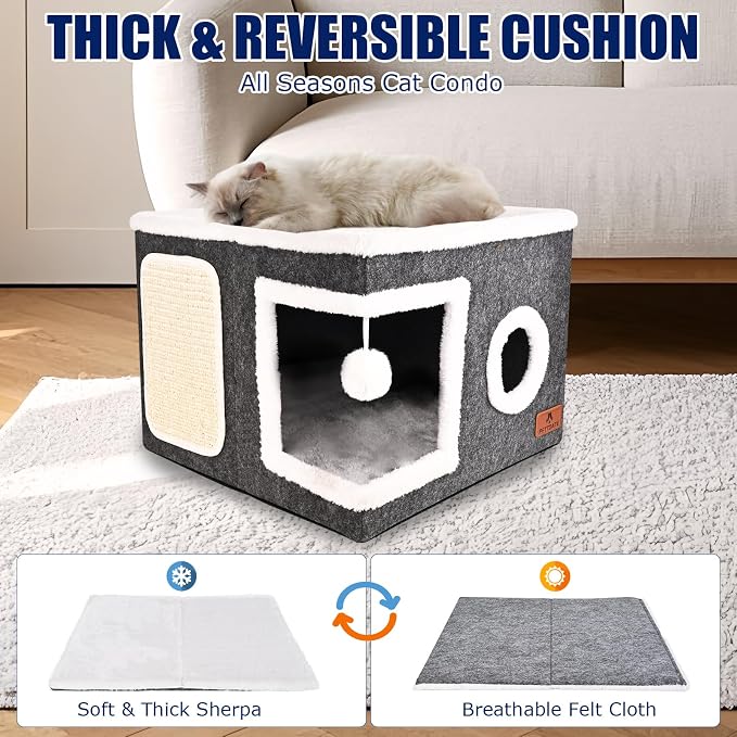 Felt Cat Cave Beds for Indoor Cats, Foldable Cat Hideaway with Scratch Pad and Fluffy Ball, Large Covered Cat House with Reversible Cushion for Multi Small Pet - Image 4