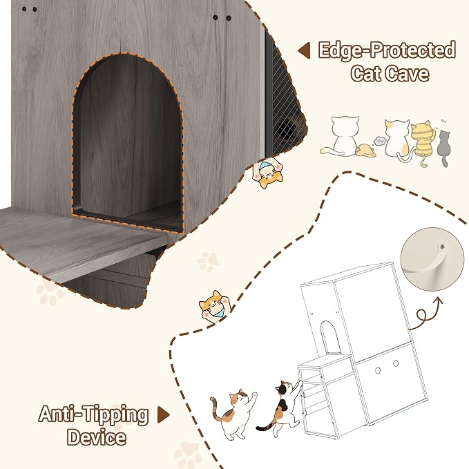 GarveeLife Cat Litter Box Enclosure with Doors, Double Cat House with Storage Space, Enclosed Litter Box Furniture with Ladder, Grey - Image 5
