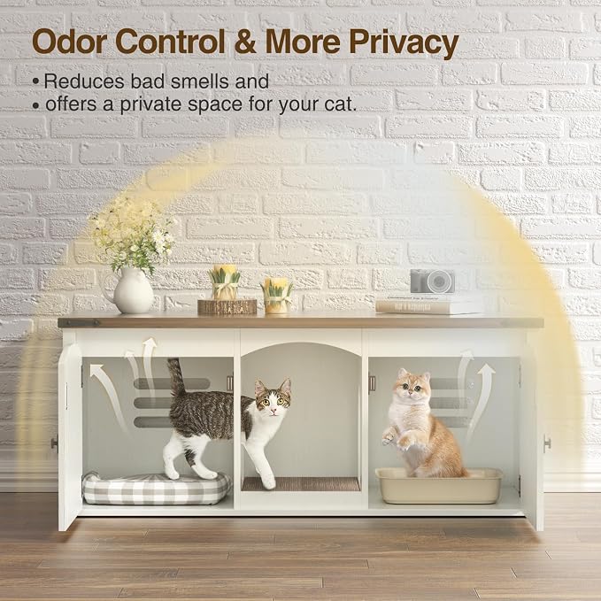 Halitaa Double Cat Litter Box Enclosure, Hidden Litter Box Furniture for 2 Cats, Farmhouse Cat House with Scratch Pad for 2 Litter Boxes, Wooden Enclosed Litter Box Furniture, Entryway Bench, White - Image 7