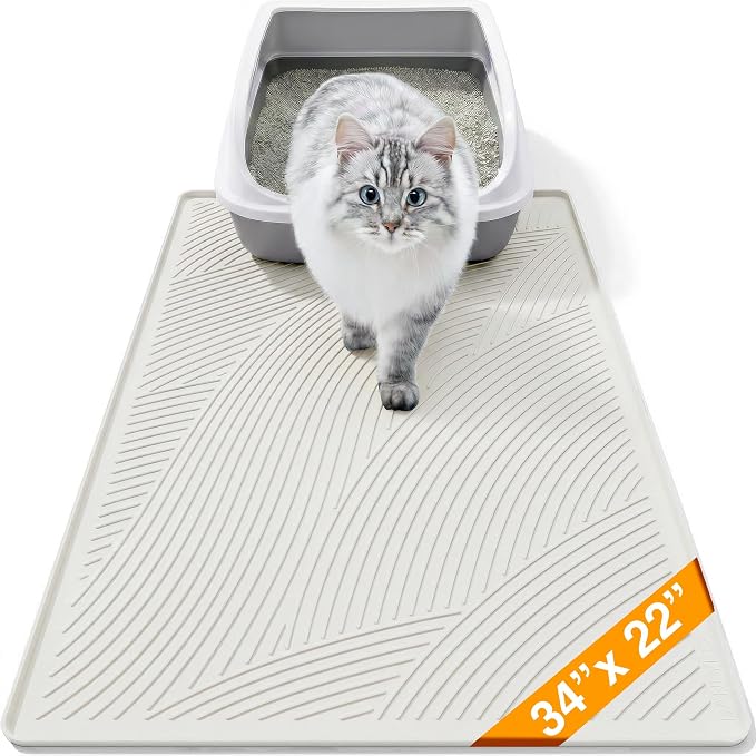 Cat Litter Box Mat - L Large Size 34 x 22 in, Water Proof, Kitty Litter Trapping Mat, Easy to Clean, Scatter Control, Odorless, Pet Supplies for Indoor Cats, Beige Gray by BANLYEO