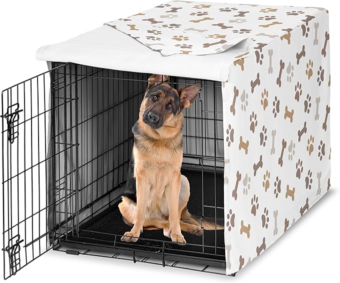 Sweet Jojo Designs 48in. Large Dog Crate Cover (Bones and Paw Prints) Pet Cage, Kennel Covers (Modern, Cartoon, Doggy, Puppy, Neutral, Paws Print, Whimsical, Brown, Tan, Grey, Taupe and Off White) by SweetJojoDesigns
