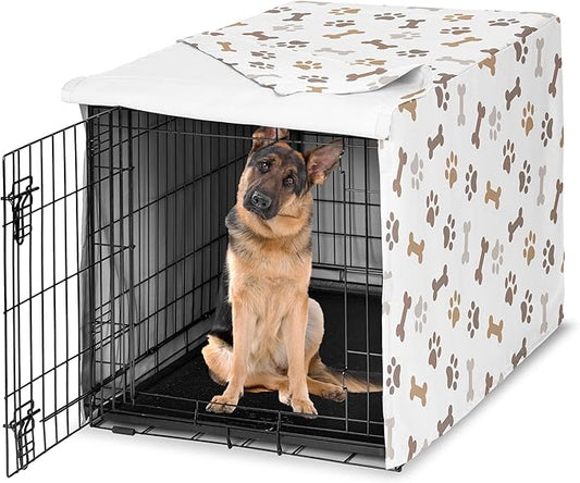Sweet Jojo Designs 48in. Large Dog Crate Cover (Bones and Paw Prints) Pet Cage, Kennel Covers (Modern, Cartoon, Doggy, Puppy, Neutral, Paws Print, Whimsical, Brown, Tan, Grey, Taupe and Off White) by SweetJojoDesigns