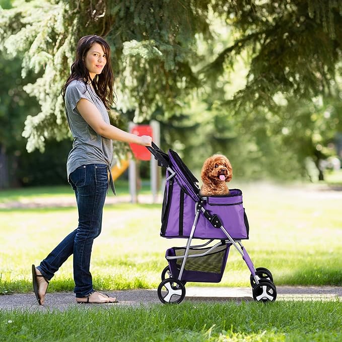 Pet Stroller 4 Wheels Dog Cat Stroller for Small Medium Dog Cats Carrier Jogger Travel Foldable Puppy with Storage Basket and Cup Holder (Purple)