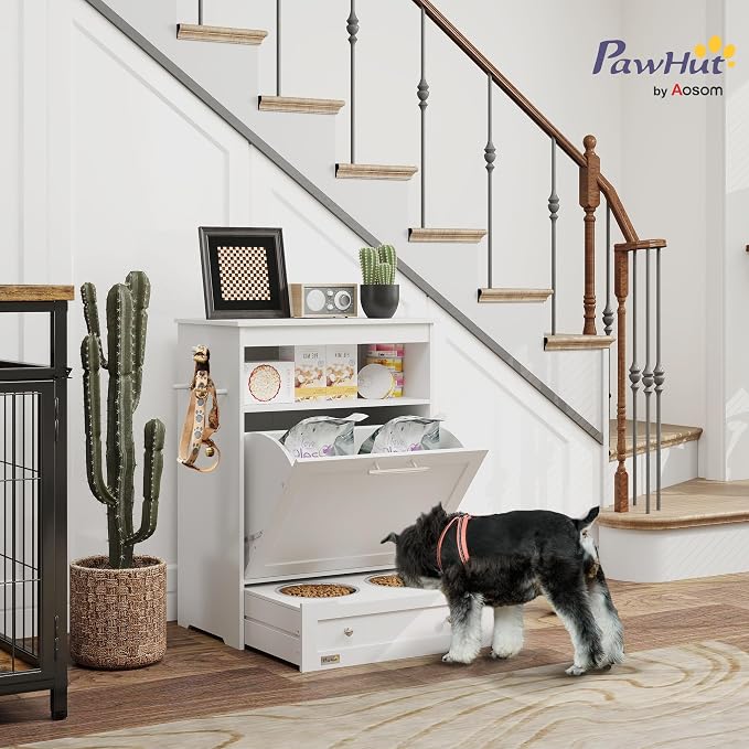 PawHut Dog Feeding Station with Raised Bowls, Pet Feeder Station, White | Dog Food Storage Cabinet, Hanger for Feeding & Watering Supplies - Image 2