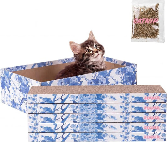 Naomi 18" x 10" Reversible Corrugated Cardboard Cat Scratcher Pads with Catnip, 5-Pack, Blue/White Chinoiserie Modern Furniture Protector CSR1009F by THELICKERSTORE