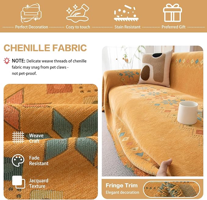 DREAMINGO Orange Boho Sofa Cover Chenille Couch Cover Blanket Vintage Bohemian Sofa Covers for 3 Cushion Couch Geometric Jacquard Sectional Couch Covers for Dogs Washable Futon Slipcover, 71"x150" - Image 3