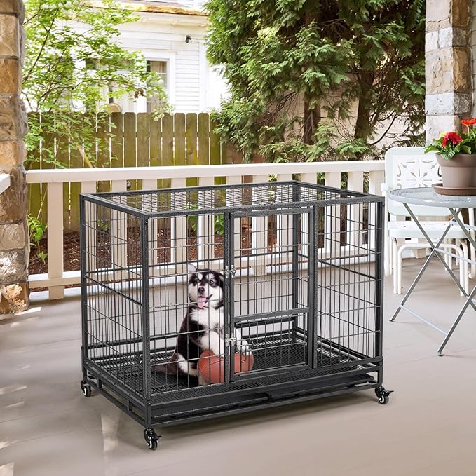 Yaheetech 43in Heavy Duty Escape Proof Dog Crate Cage w/Double Doors, 2 Removable Trays, Lockable Wheels, Indestructible Dog Kennel for Medium/Large Dogs