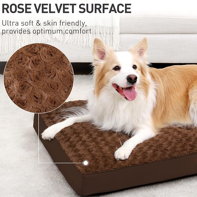 KSIIA Washable Dog Bed for Crate Waterproof for Medium Dogs,35x22 in,Brown | 3in egg crate foam,orthopedic support,Soft rose velvet,3ply waterproof fabric,removable cover,anti-slip base,washable - Image 2