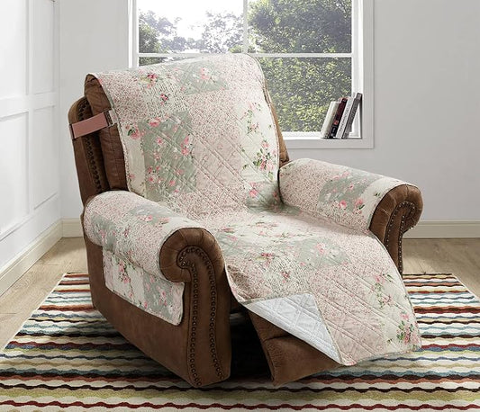 Brilliant Sunshine Rose and Sage Couch Recliner Cover, 26" seat | Traditional Patchwork Design, Non Slip Sofa Cover, Quilted Furniture Protector, Washable Reclining Chair Slipcover for Pets by BrilliantSunshine