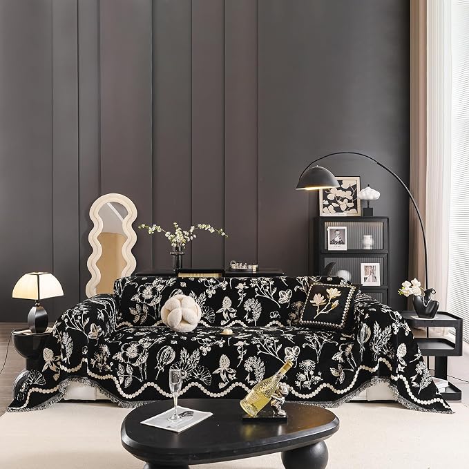 STACYPIK Vintage Jacquard Floral Couch Cover for Dogs, Washable Black Garden Sofa Cover for 2 Cushion Couch, Anti Slip Sofa Covers for Sectional, Boho Chenille Pets Protector for Living Room-71X118IN by STACYPIK