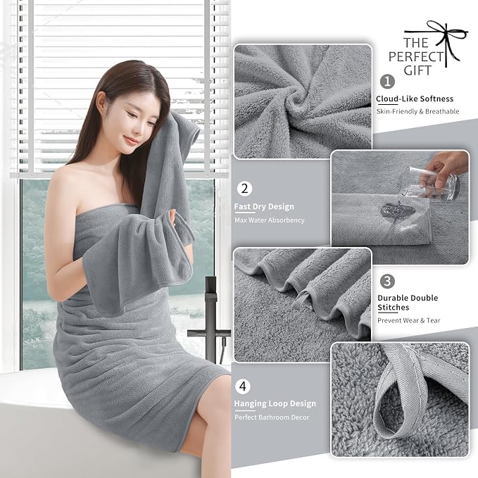 Extra Large Bath Sheet 4 Piece (35"x70")-Ultra Soft Oversized Bath Towel,Bath Sheet Towel Set for Bathroom Hotel,Plush Highly Absorbent Quick Dry Shower Towel Set for Adults,Bathroom Towel Grey - Image 2