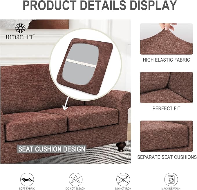 URBANLIFE 3-Piece Stretch Sofa Covers for 2 Cushion Couch, Chocolate | Super fitted spandex slipcovers for couches. Non-slip elastic bottom. Machine washable furniture protector for kids & pets. - Image 7