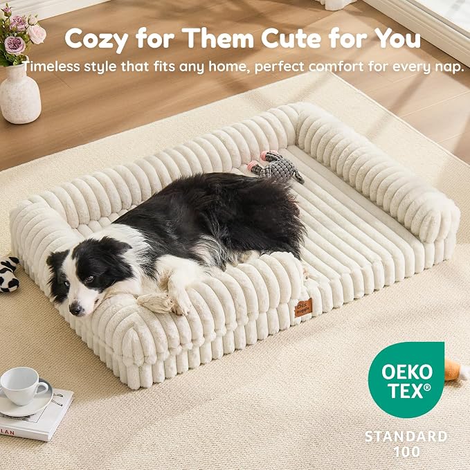 ChiXnuggle Faux Fur Orthopedic Dog Bolster Bed, Waterproof Washable Cover | rectangular dog sofa couch,egg crate foam,non-slip bottom,for extra large dogs,cream,41*30*7 - Image 8