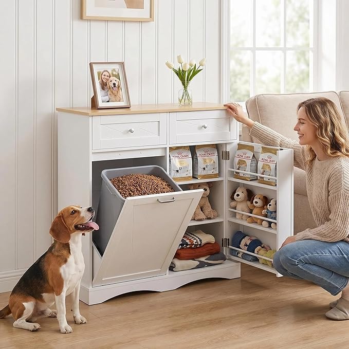 kepptory 37" High Dog Feeding Station with Storage Drawer, Pet Organizers and Storage Adjustable Shelf, Dog Feeder Station, Pet Storage Cabinet for Cats and Dogs (White) by kepptory