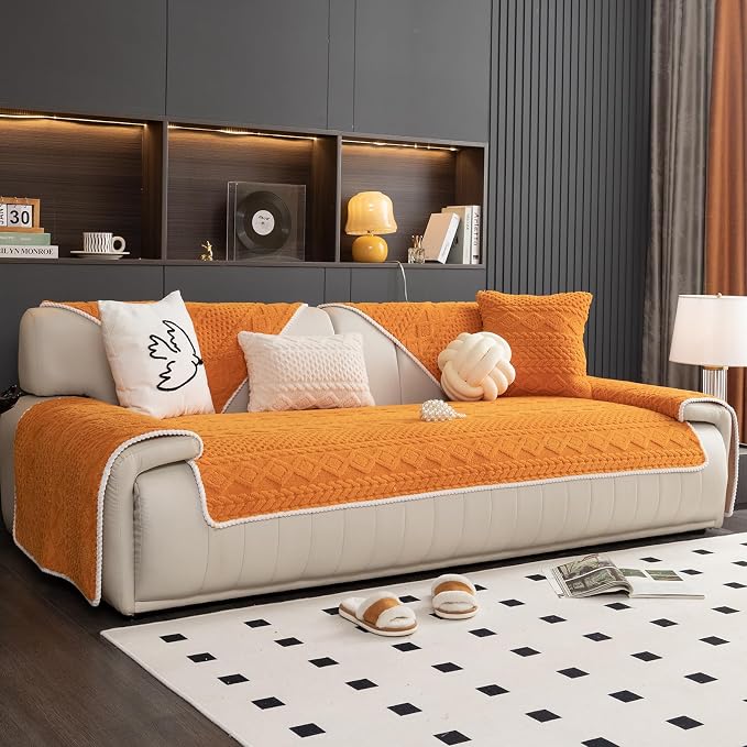 vctops Cable Jacquard Plush Sofa Couch Covers Boho Fuzzy Couch Cover for Dogs Soft Non Slip Sectional Sofa Slipcover Thick Warm Washable Furniture Protector for Kids, Pets (Orange,36"x47") - Image 5
