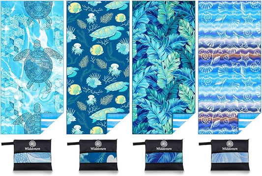 Widdonen Microfiber Beach Towel,Compact 4 Pack-71x32 Inch with Bag Travel | Extra Large,Lightweight,Thin,Sand Free,Quick Dry,Absorbent.Packable for Camping,Swim,Pool,Bath,Picnic,Cruise Essentials Gift by WIDDONEN