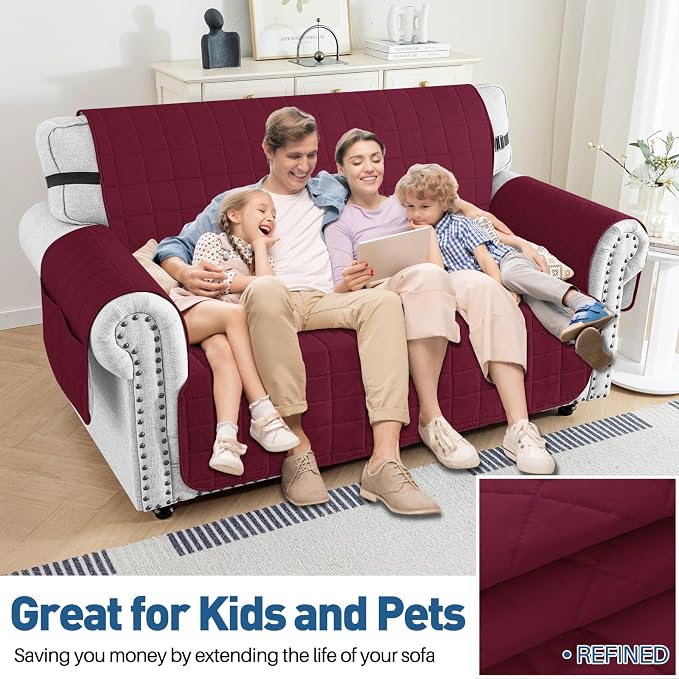 MAXIJIN Waterproof Love Seat Couch Covers 2 Cushion Sofa, 49" Quilted Loveseat Cover Slipcovers for Pets Dog Couch Cover Protector with Elastic Strap & Side Pocket (Loveseat, Wine Red) - Image 4