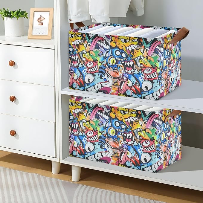 Colorful Street Graffiti Art Monkey Baby Storage Basket with Labels&Handles Rectangular Waterproof Nursery Storage Bins Collapsible Shelf Organizer Baskets for Kids Books Cloth Gift Toys Laundry - Image 3