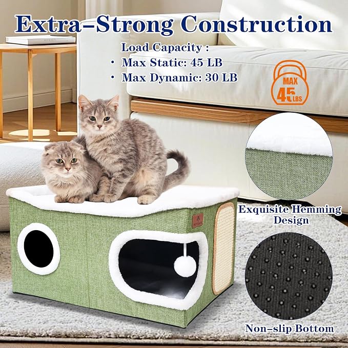 Extra Large Cat Beds for Indoor Cats, Covered Cat Cave Beds & Furniture with Scratch Pad and Fluffy Ball, Foldable Condo Hideaway with Reversible Cushion for Multi Small Pet Large Kittens, Green - Image 3