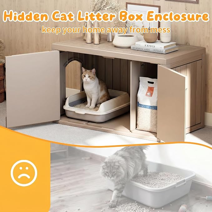 Cat Litter Box Enclosure,Multi-Functional Hidden Litter Box Furniture Cabinet with Adjustable Partition & Side End Table, Indoor Outdoor Cat House with Double Doors,Easy to Clean & Assemble, Gray - Image 6