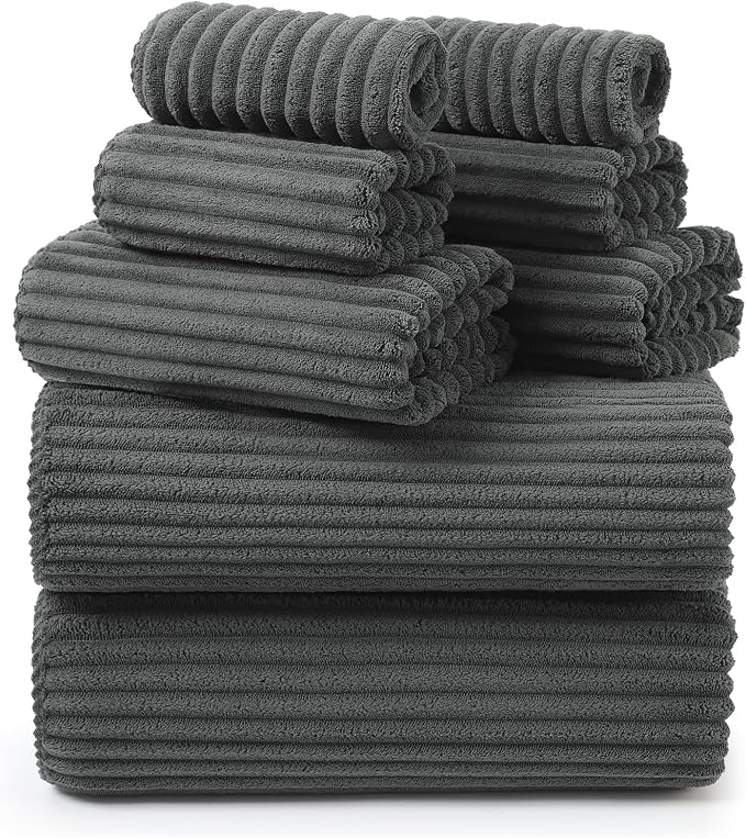 REDKISS Charcoal Gray Bath Towels Set 8 Piece - Microfiber Bathroom Towels of 8 Large, Highly Absorbent Bath Towel, Soft Shower Towel for Bathroom, 2 Bath Sheet 2 Hand 2 Washcloths 2 Hair Towel Wrap by REDKISSOnline