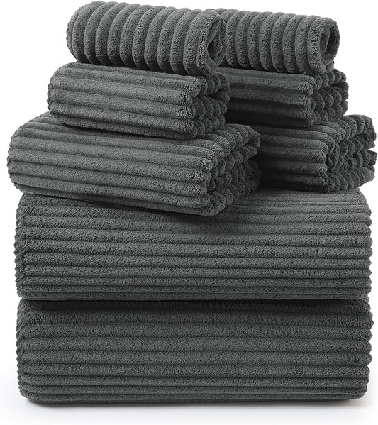 REDKISS Charcoal Gray Bath Towels Set 8 Piece - Microfiber Bathroom Towels of 8 Large, Highly Absorbent Bath Towel, Soft Shower Towel for Bathroom, 2 Bath Sheet 2 Hand 2 Washcloths 2 Hair Towel Wrap by REDKISSOnline