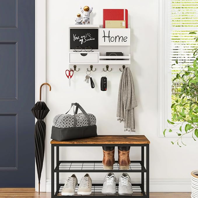 Farmhouse Key Holder for Wall with Mail Organizer - Easy Installation Wall Mount Organizer, Includes Chalkboard, Drawer, Wallet Holder & 4 Double Hooks, Ideal for Entryway, Quick Access - White - Image 2