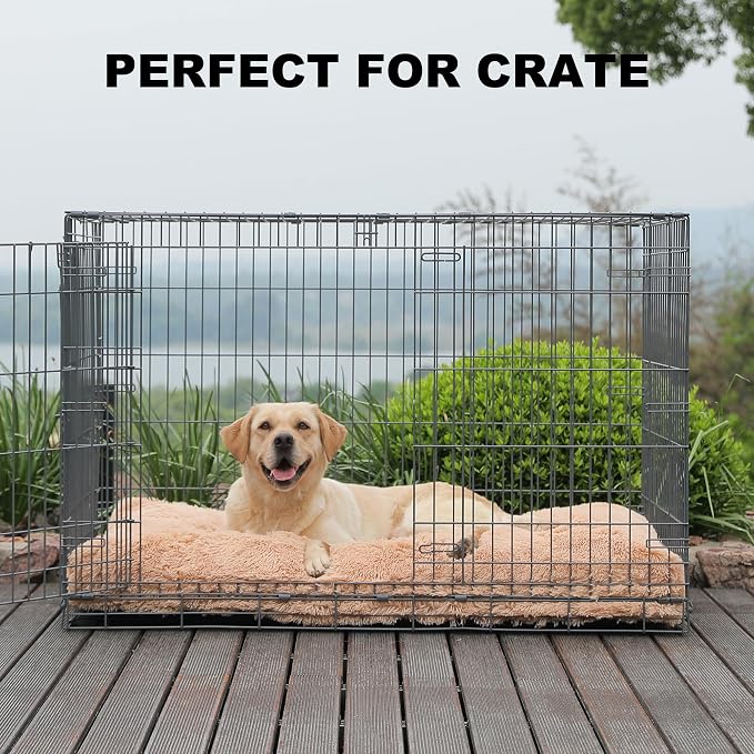 Bedfolks Waterproof Crate Bed, Plush Dog Kennel Pad with Removable Washable Cover, Faux Fur, Fluffy, 41"x27", Solid Camel - Image 3