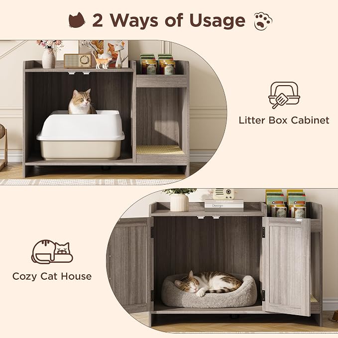 Halitaa Cat Litter Box Enclosure, Hidden Litter Box Furniture with Scratch Pad and Storage, Modern Indoor Cat House with Divider, Side End Table, Grey - Image 3