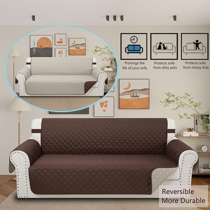 Reversible Couch Cover for 3 Cushion, Sofa, Chocolate/Beige | Couch Cover for Sofa, Pet Friendly Water Repellent Couch Sofa Cover, Washable Furniture Protector with Elastic Straps - Image 2