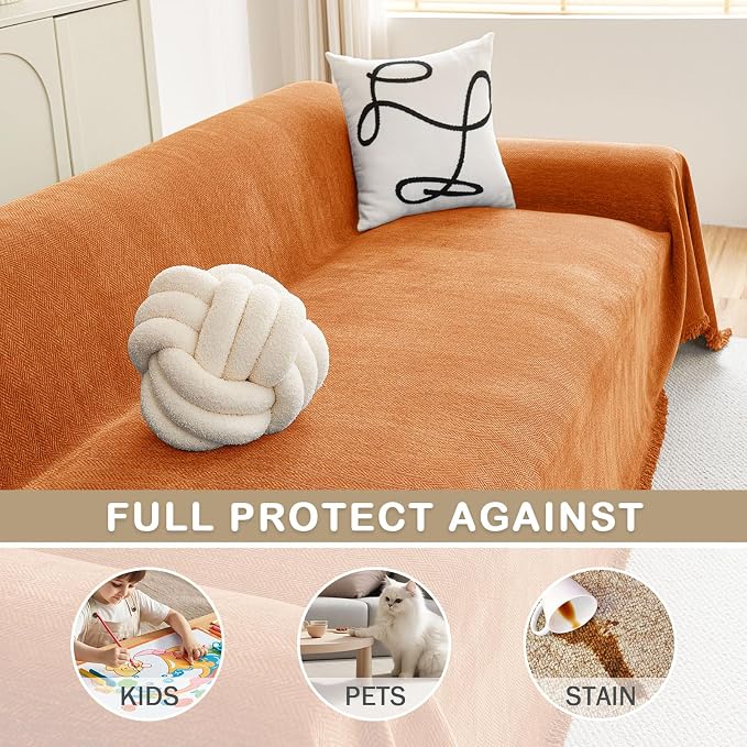 hyha Couch Cover for Dogs, Boho Chenille Sofa Cover for 3 Cushion Couch | Anti-Scratch Washable Sofa Slipcover, Loveseat Sectional Couch Throw Blankets with Tassels (Orange, 71x150 Inch) - Image 3