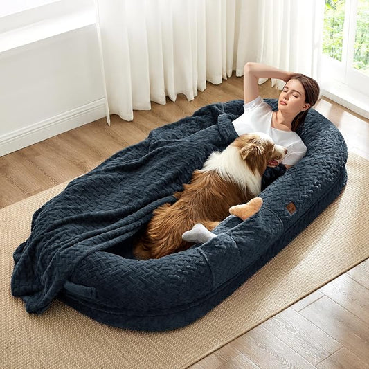 ChiXnuggle Orthopedic Human Dog Bed,with Faux Fur Washable Cover,Blanket | navy,72*40*10,giant dog bed for adult or extra large dogs,egg crate foam,non-slip bottom by SnuggleUpPawsDown