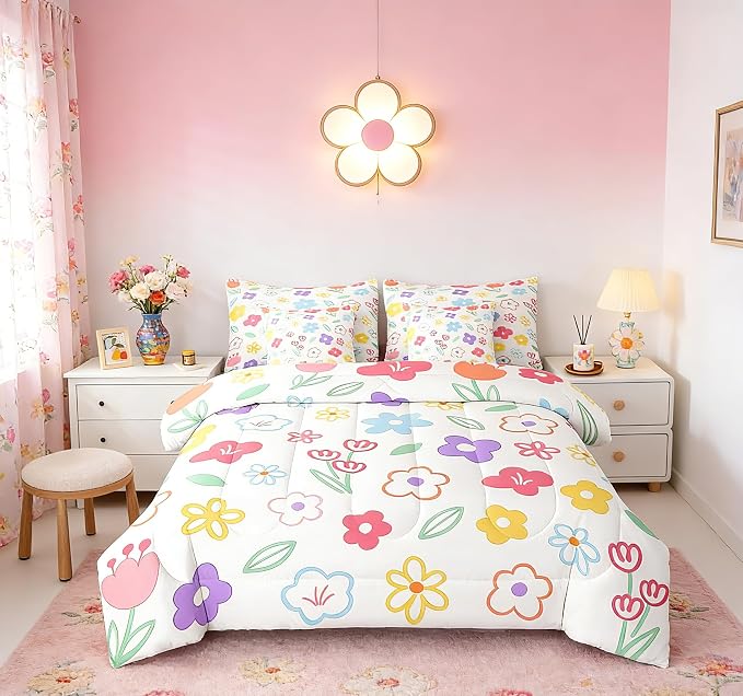 Feelyou Cute Flower 7 Piece Bedding Set Colorful Floral Comforter Set with Sheets for Kids Boys Girls Cartoon Hand-Drawn Bed in a Bag Botanical Decor Bed Set Soft Lightweight - Image 2
