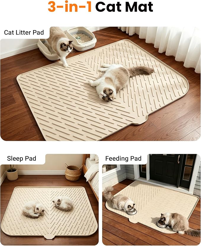 Cat Litter Mat, 47"x37" Extra Large Litter Box Mat, Silicone Mat, Beige | Waterproof Litter Trapping Mat for Scatter Control, Soft on Cat Paws Non-Slip Easy to Clean - Image 3