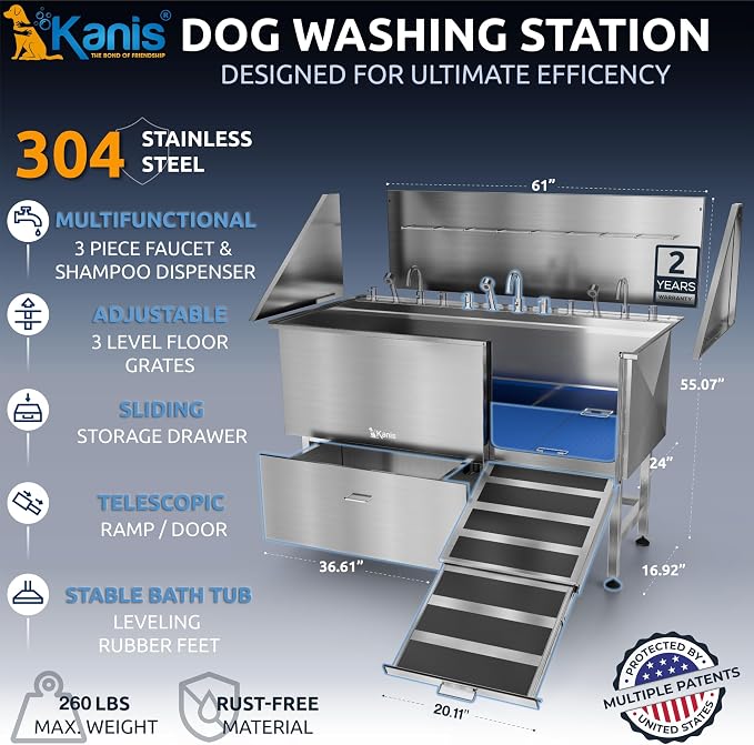 KANIS Professional Dog Washing Station 304 Stainless Steel Pet Wash Sink | Grooming Bathtub w/Shower, Floor Grates and Storage for Large, Medium & Small Pets (Silver, 61 Inches, Right Ramp, 1 Drawer) - Image 2