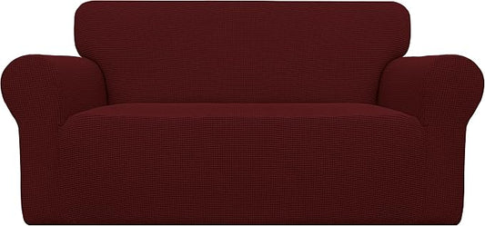 Easy-Going Stretch Loveseat Couch Covers Washable Wine | 1-Piece Loveseat Covers for 2 Cushion Couch Furniture Protector RV Sofa Slipcover Soft with Bottom for Kids Pets by Easy-Going