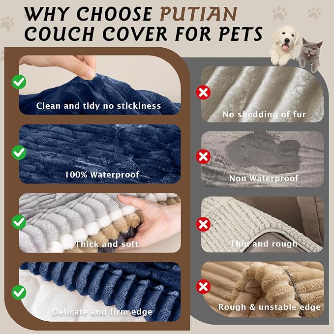 PuTian 100% Waterproof Fuzzy Couch Cover for Dogs Navy Blue 27.6"x70.9" | Pet Friendly Dog Mat for Couch, Waterproof Sofa Protector, Scratch Resistant Furniture Cover for Dogs, Machine Washable - Image 3