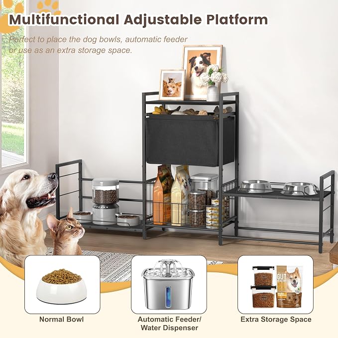 Elevated Dog Bowl Stand with 2 Feeding Stations, Adjustable Raised Feeding Station Cabinet with Toy Bin Basket, Lifted Food and Water Bowl Holder, Pet Storage Organizer for Large Medium Small Dogs - Image 5