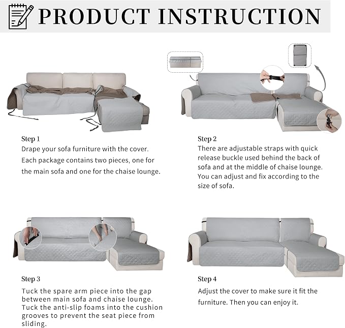 Easy-Going Waterproof Sectional Couch Covers with Chaise 2-Piece Non Slip L Shape Sofa Cover for Dogs Leakproof Furniture Protector Cover with Adjustable Strap for Pets (Small, Light Gray) - Image 5