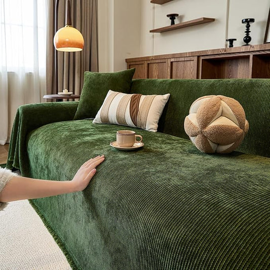 Green Boho Couch Covers for Sofa Washable for 3 Cushion Couch,71''X150'' | Chenille Furniture Protector Sofa Couch Cover for Dogs, Soft Breathable Sofa Slipcover, Couch Throw Blankets with Tassels by ROOMLIFE