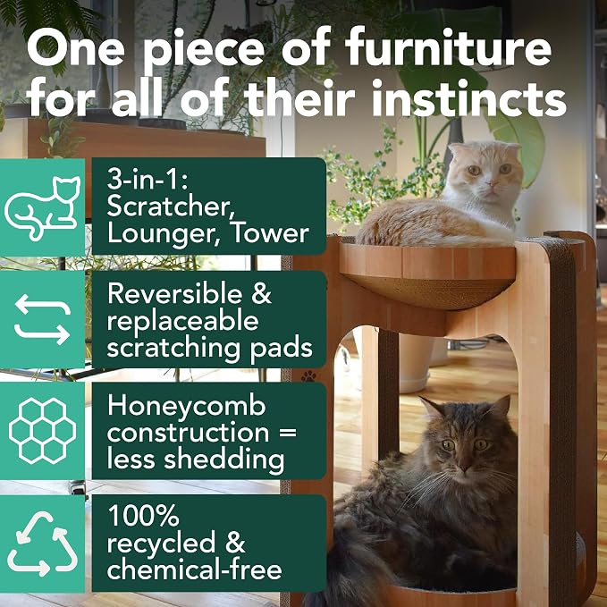 Necoichi Cat Scratcher Tower for Indoor Cats - Cat Scratching Post Lounger with Reversible Usability and Extra Comfort for Lounge, Cardboard Bed Couch / (Regular, Oak) - Image 2