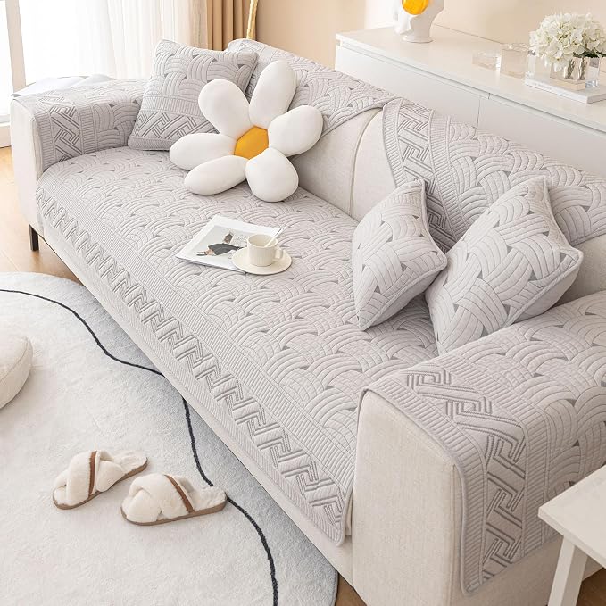 vctops Solid Color Cotton Quilted Sofa Couch Cover Weave Pattern Soft Sectional Couch Covers Embroidery Non-Slip Sofa Slipcover for Dogs, Children, Pets Furniture Protector (Light Grey,43"x82") - Image 7