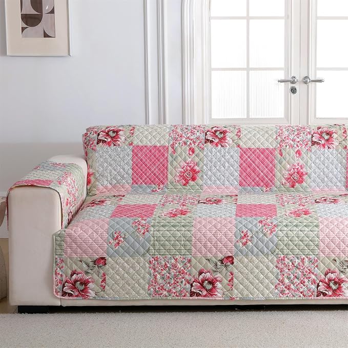 Cmfshape Skidproof Sofa Cover-Patchwork Sofa Slipcover with Elastic Straps-Easy Fit Slip Cover-Rose Washable Furniture Protector for Pets and Kids(Sofa,Pink&Grey) - Image 2