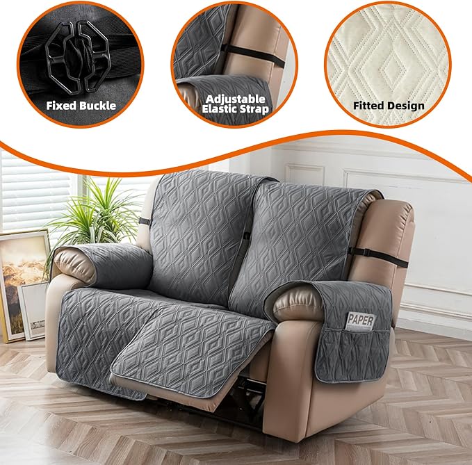 Genina Loveseat Recliner Cover Non-Slip, Sofa Cover for Reclining Couch 2 Seat, Loveseat Covers Double Recliner Furniture Protector Cover with Elastic Straps for Pets (Dark Gray, Recliner Loveseat) - Image 7