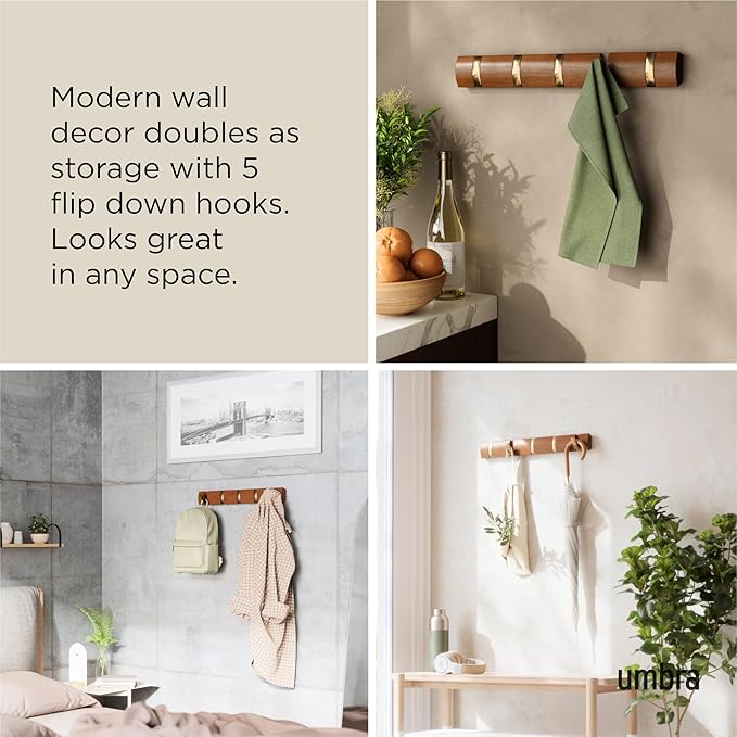 Umbra Flip Coat Rack, Wall Mounted 5-Hook Space Saving, Walnut/Gold | Real wood and steel build, retractable hooks fold flat, holds coats bags and scarves, easy install - Image 4