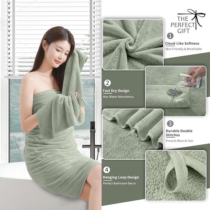 Extra Large Bath Sheet 4 Piece (35"x70")-Ultra Soft Oversized Bath Towel,Bath Sheet Set for Bathroom Hotel,Plush Highly Absorbent Quick Dry Shower Towel for Adults,Bathroom Towel Set Green - Image 2
