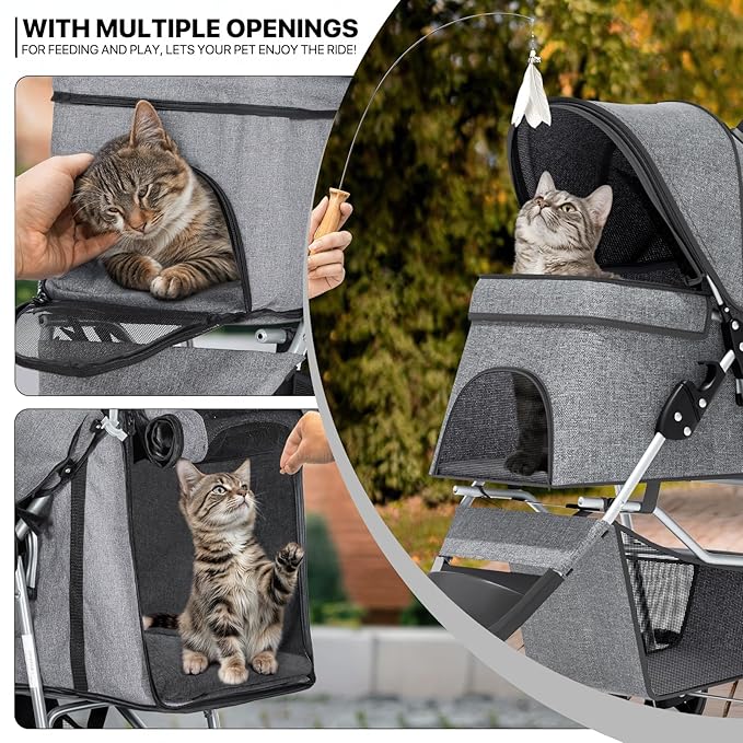 MoNiBloom 3 Wheels Pet Dog Cat Stroller for Small Medium Dogs and Cats, Lightweight Foldable Jogger Stroller w/Storage Basket and Cup Holder, Gray