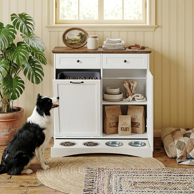 Furnaza Pet Feeding Station with 4 Bowls, Dual Doors Dog Cabinet Storage | White 39.7"W Dual Doors Pet feeding station with storage for dogs and cats, Pet Food Storage for Kitchen, Living Room by Furnaza